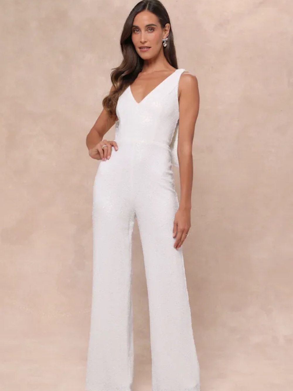 Lulu's White V-Neck Wide-Leg Sequin Jumpsuit
